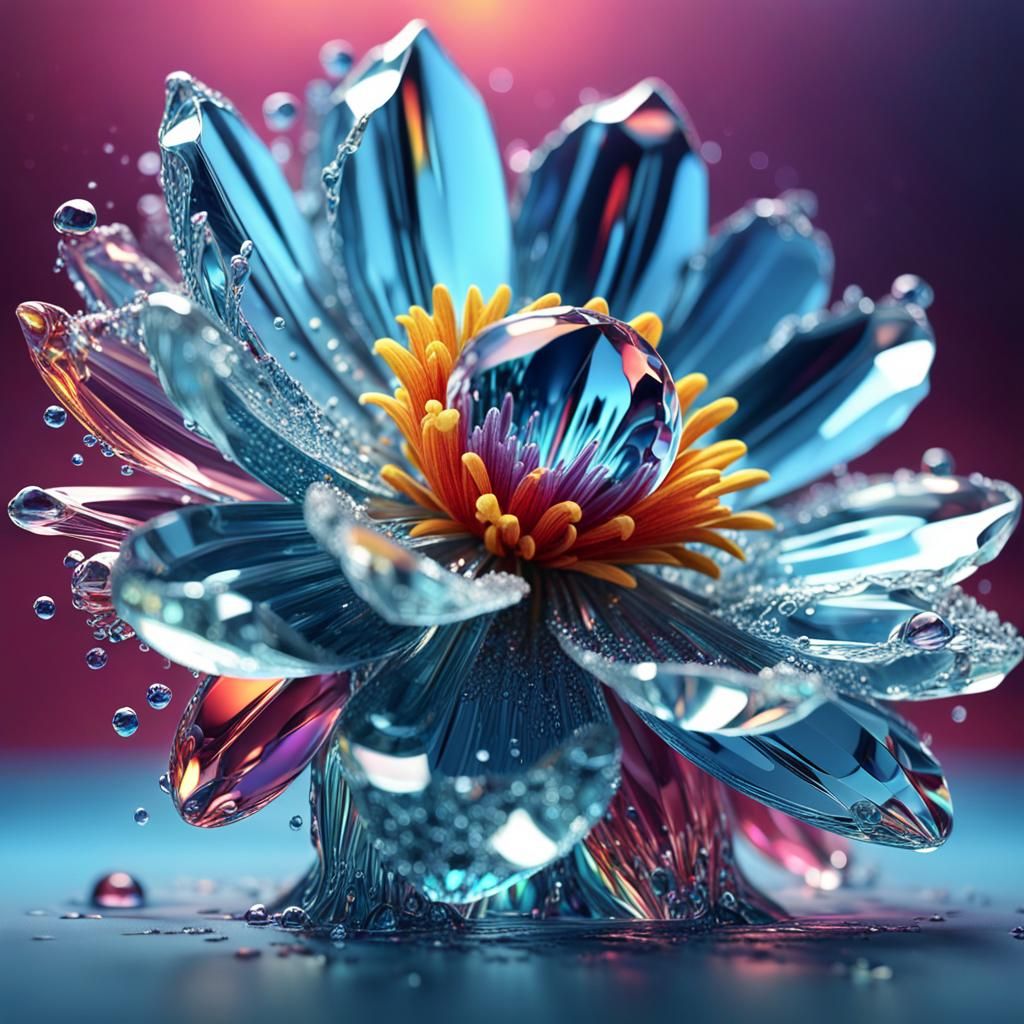Crystallized Water Drop Reflecting a Magical Flower