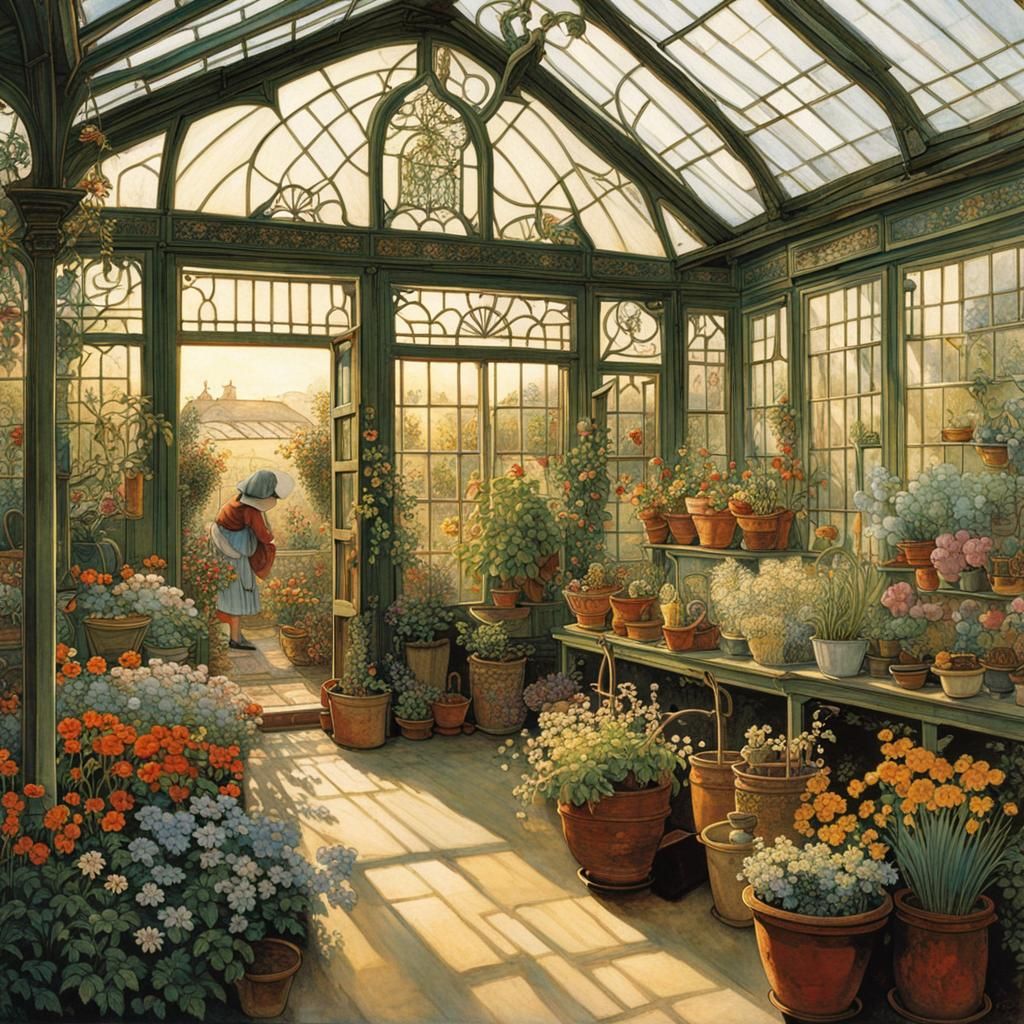 Ornate Greenhouse Scene in Classic Illustration Style