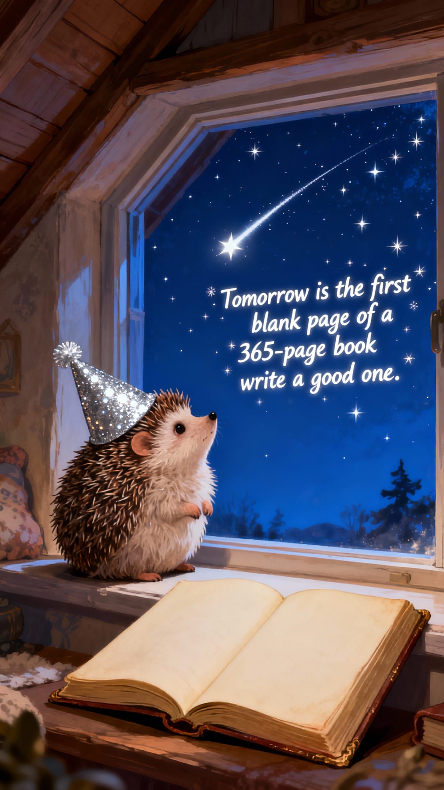 Cute Hedgehog in New Year's Hat Gazes at Midnight Sky