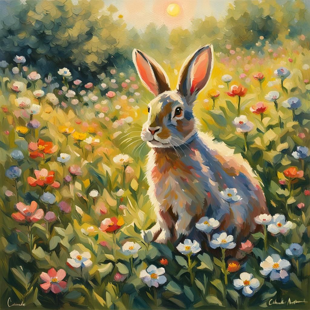 Bunny in Sunlit Meadow: an Impressionist Gouache Painting