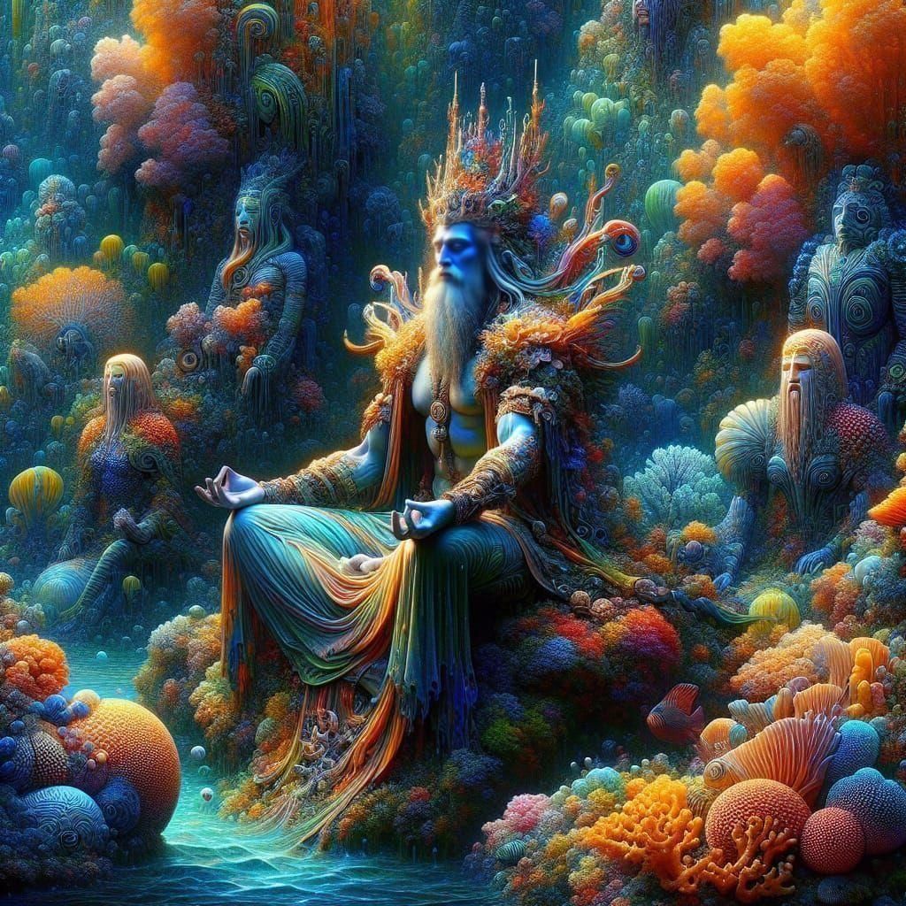 Meditating Merfolk in Coral Reef, Majolica Style