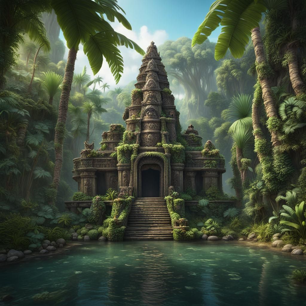 Tahitian Temple in Jungle Lagoon: Fantasy Concept Art