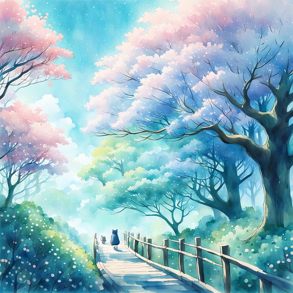 Pastel Cat in Cherry Blossom Forest, Watercolor Anime