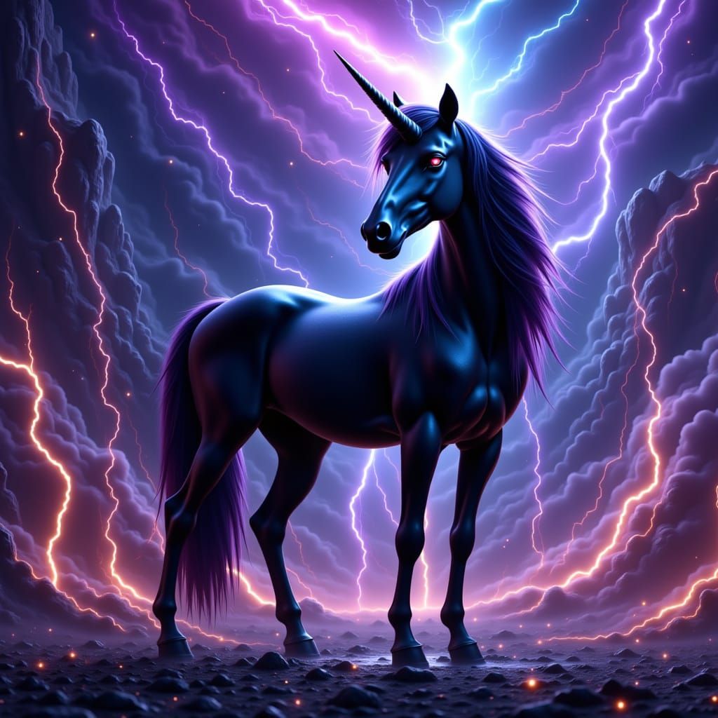 Majestic Black Unicorn in Vibrant, Abstract Dreamscape