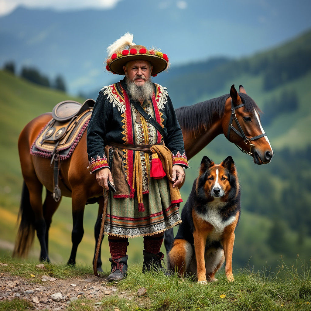 Transylvanian Man with Horse and Dog on Hill