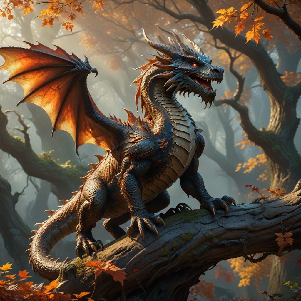 Majestic Autumn Dragon Perched on Ancient Branch