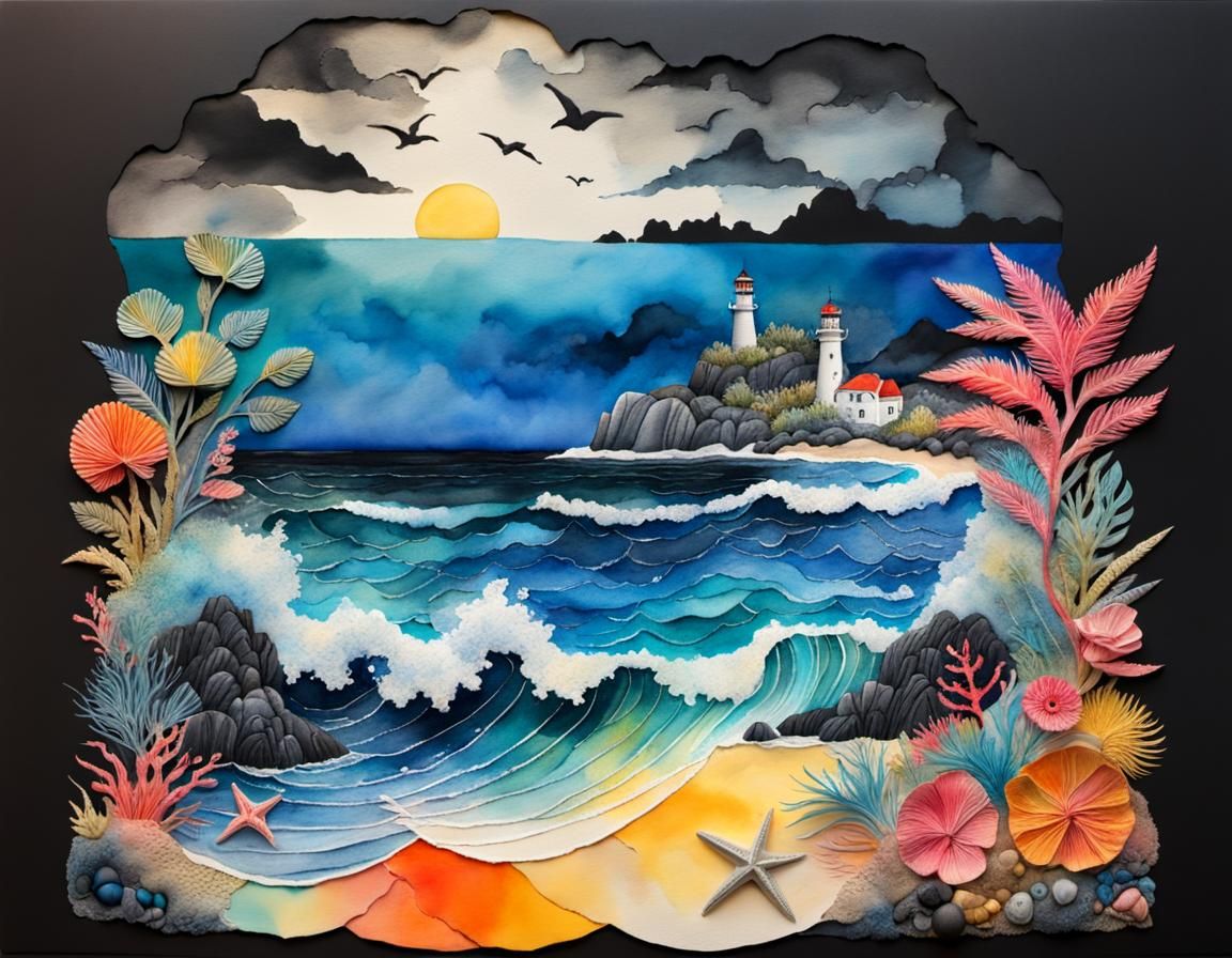Fantasy Seascape in Watercolour Collage Style