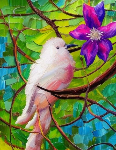 Fluffy Bird in Clematis Nest, Impasto Painting