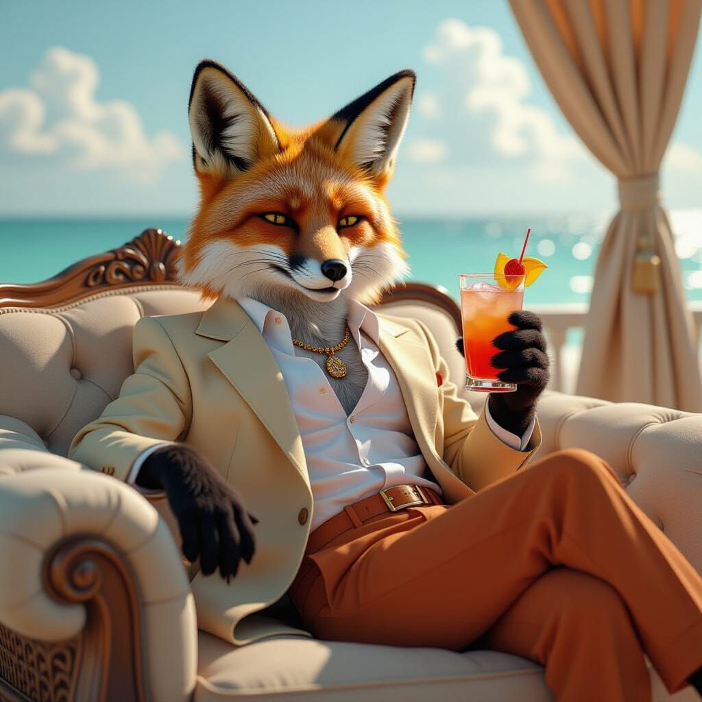 Stylish Fox Enjoying Cocktail on Beach in Sci-Fi Style