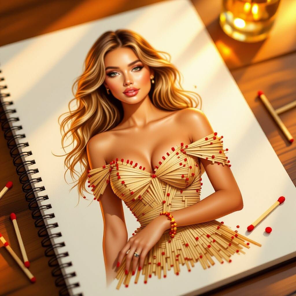 Hyper-Realistic Woman in Matchstick Dress on Wooden Table