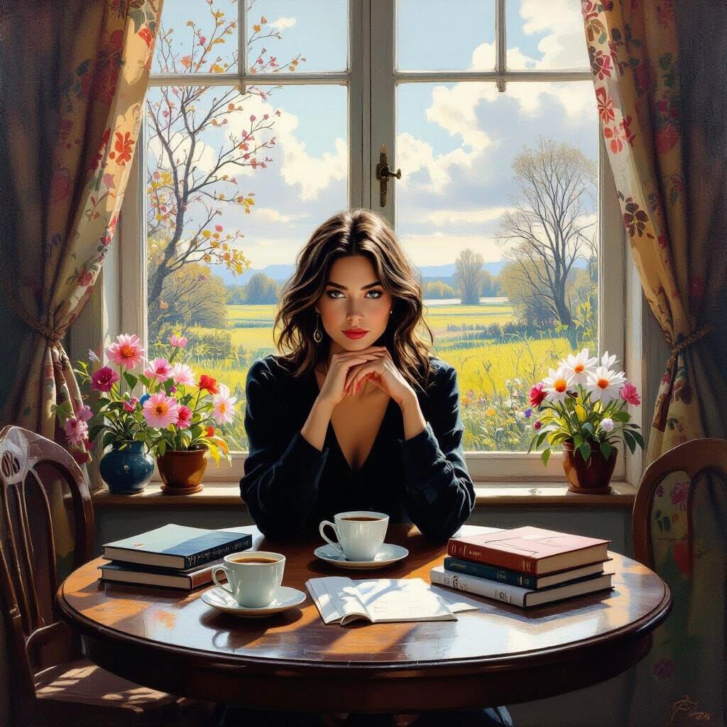 Impressionist Spring Landscape with Woman at Table