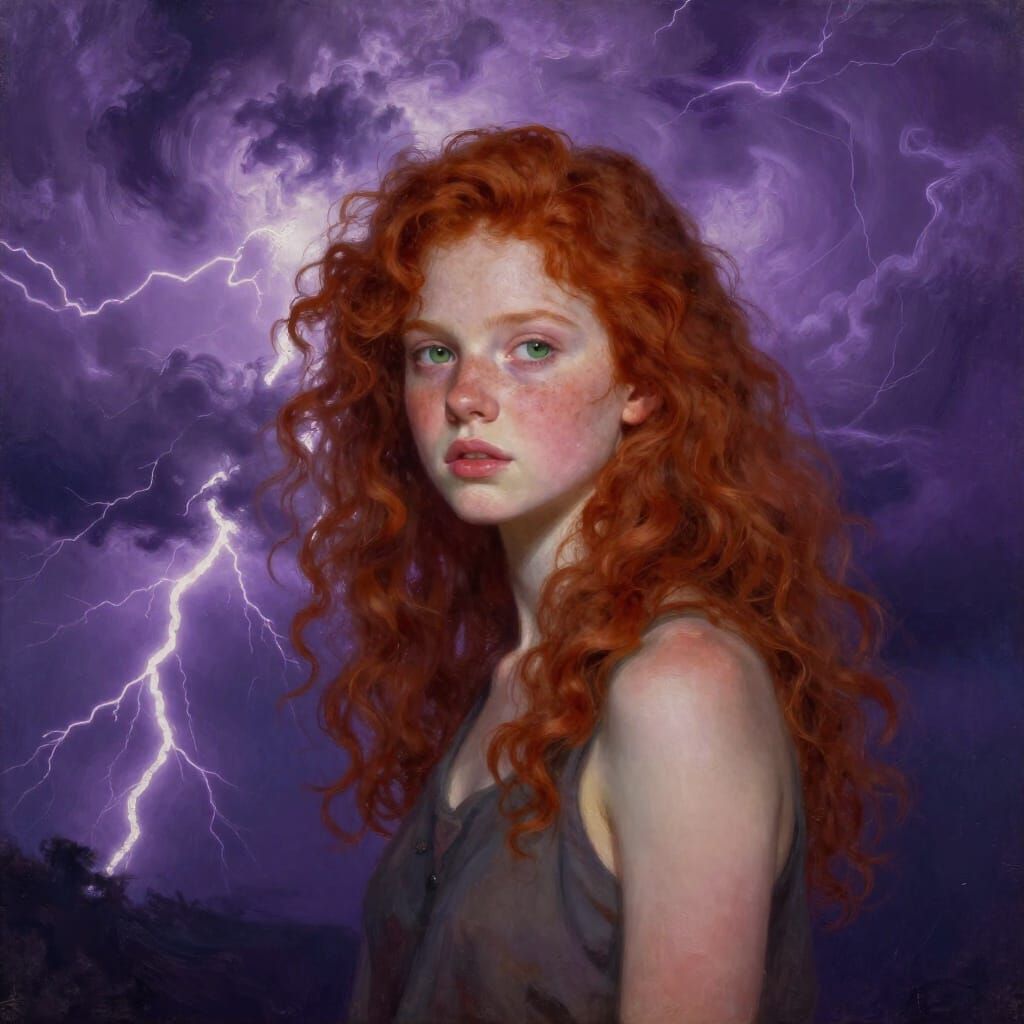 Girl Under Dramatic Purple Lightning Sky