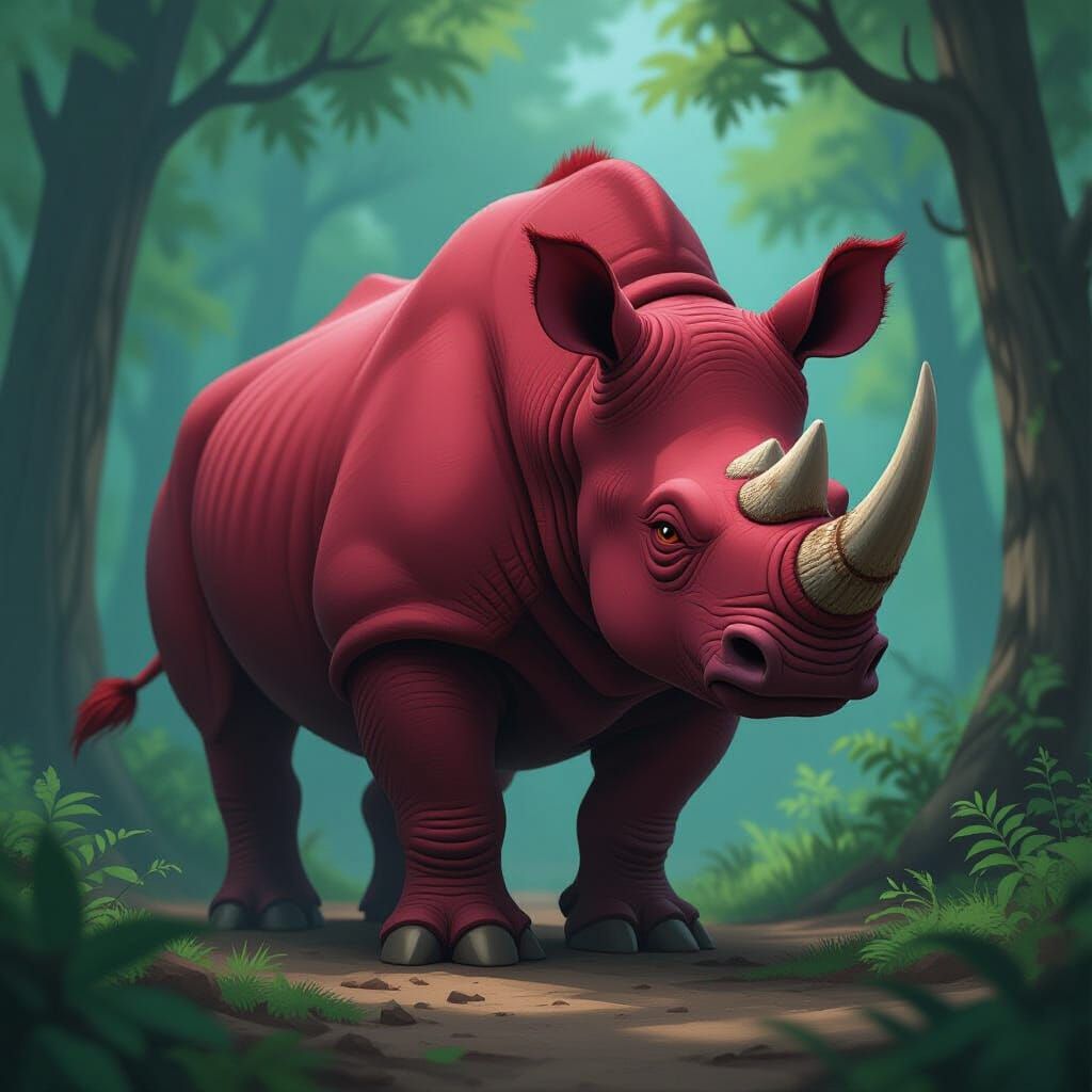 Dark Red Rhino in Forest, Arcane Animation Style