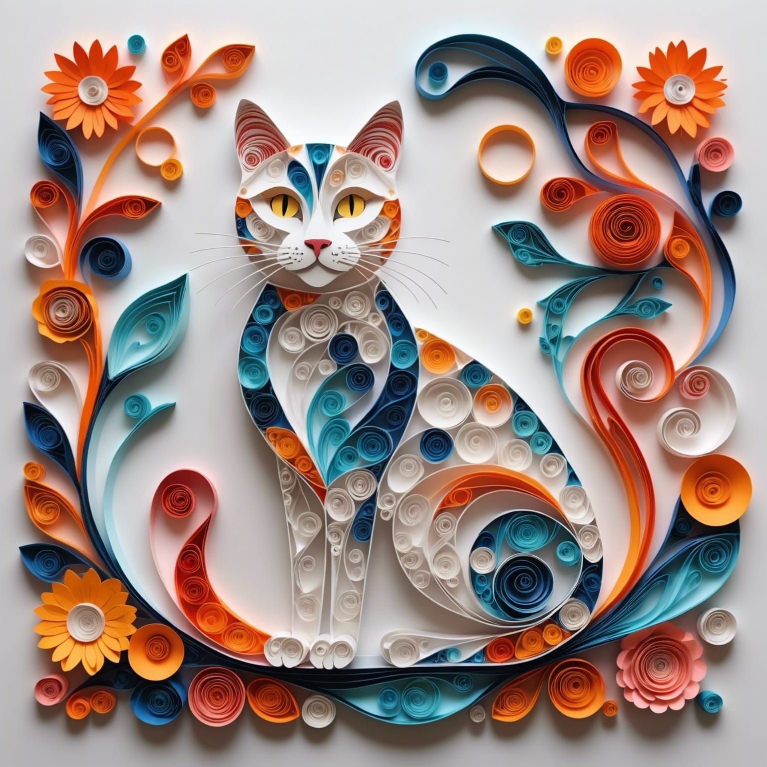Playful paper art fantasy, quilled cat figure posed alongside paper cutout forms ::2 refined paper craft aesthetic, intr...