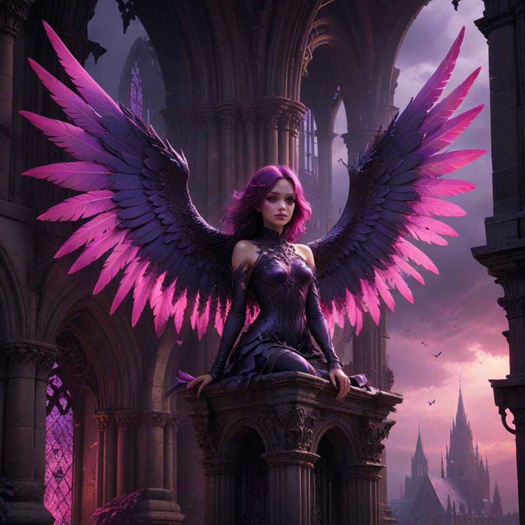 Gothic Chibi Angel in Fuschia and Violet
