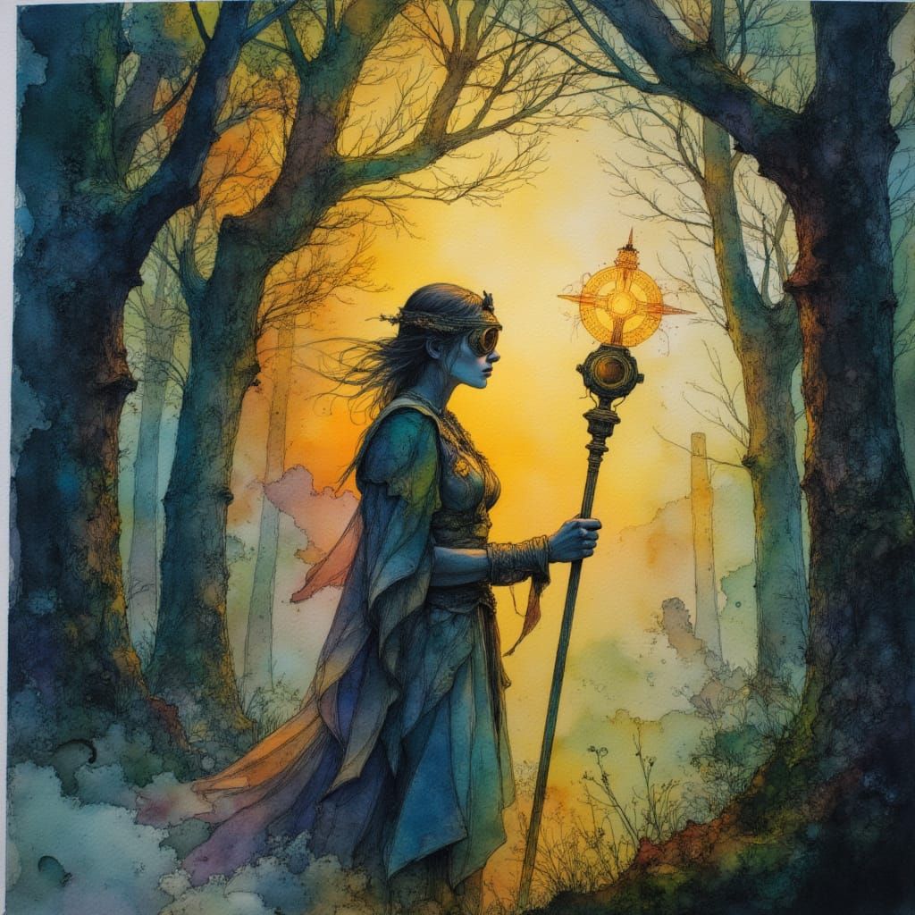 Steampunk Druid in Enchanted Forest, Alcohol Ink Art