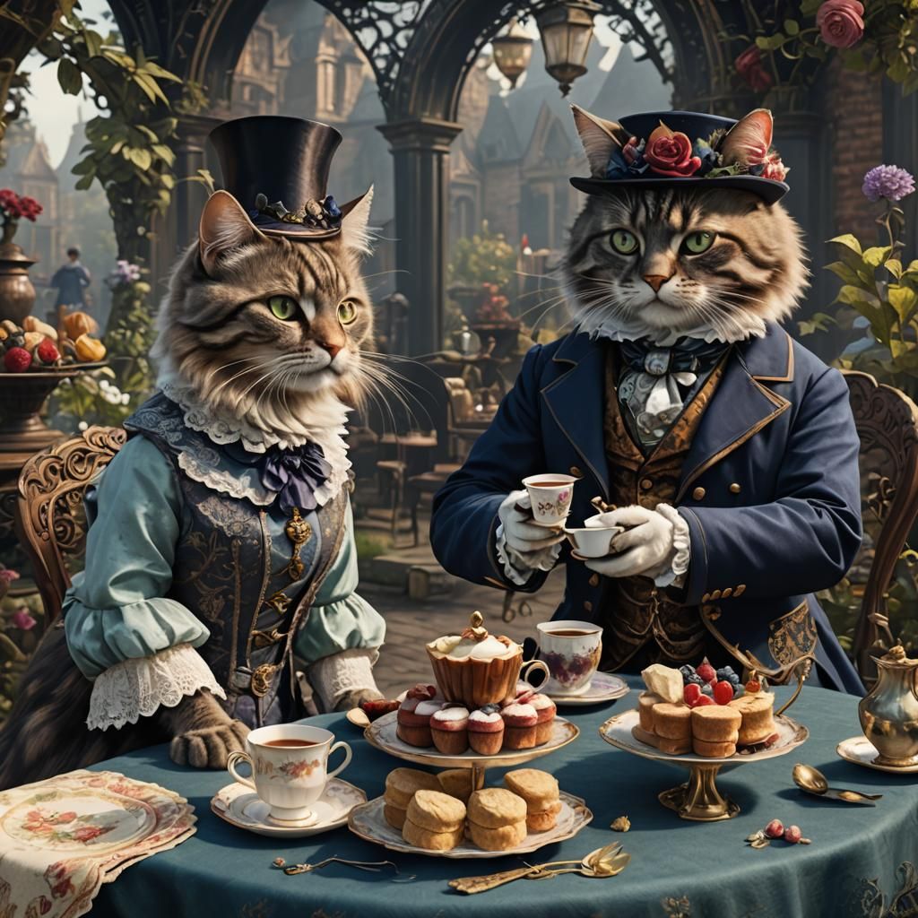 Victorian Cats Tea Party: Detailed Digital Painting