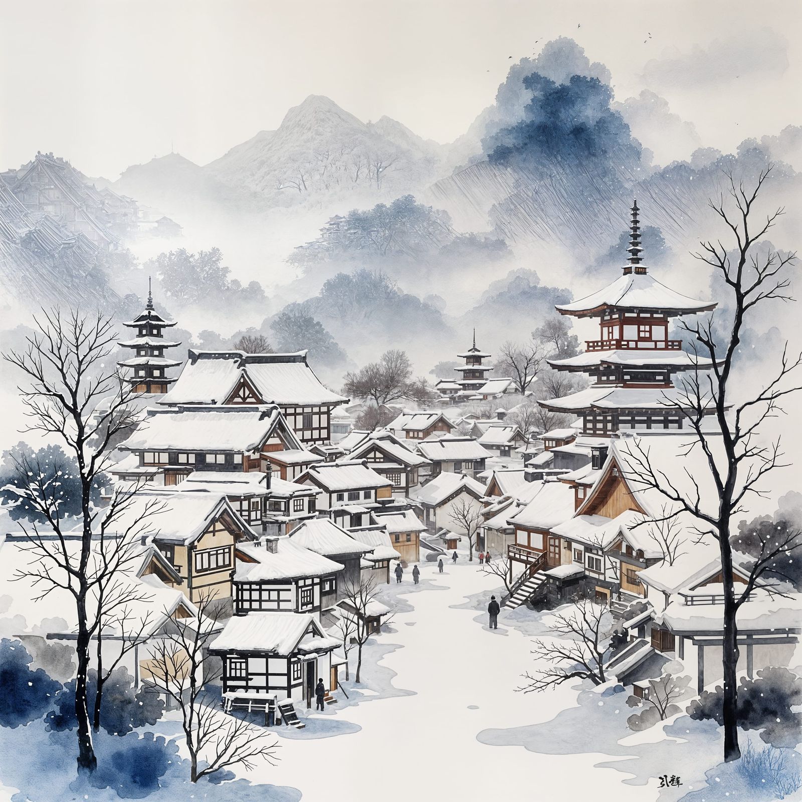 Tranquil Japanese Village in Winter Watercolors