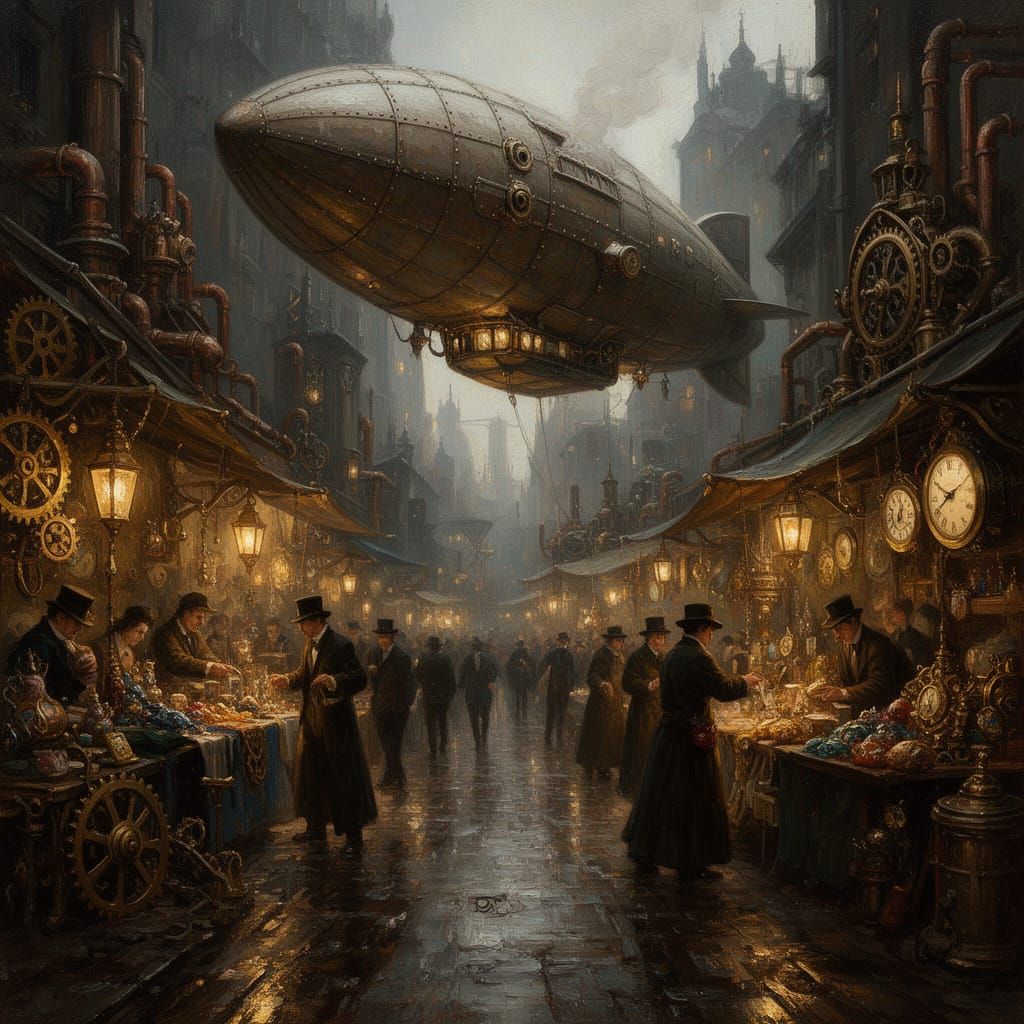 Steampunk Metropolis Street Market in Oil Painting Style