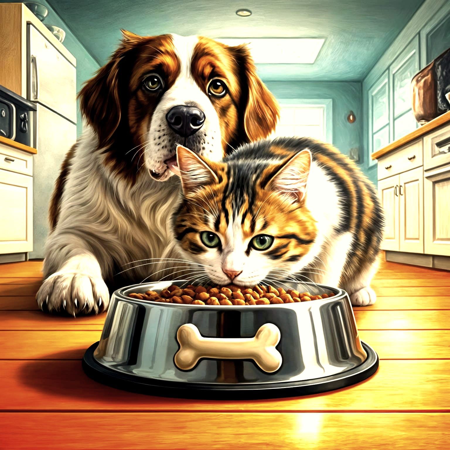 Cat Eats Dog Food as Oil Painting on Canvas