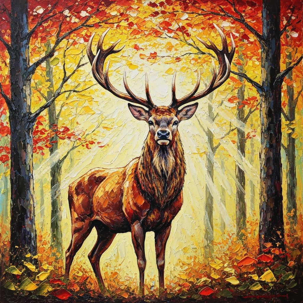 Majestic Stag in Autumnal Forest as Impasto Painting