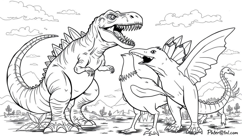 A T-Rex fighting Megalodon Shark and Dodo bird with Godzilla and Shimo. Black and white coloring page line drawing.