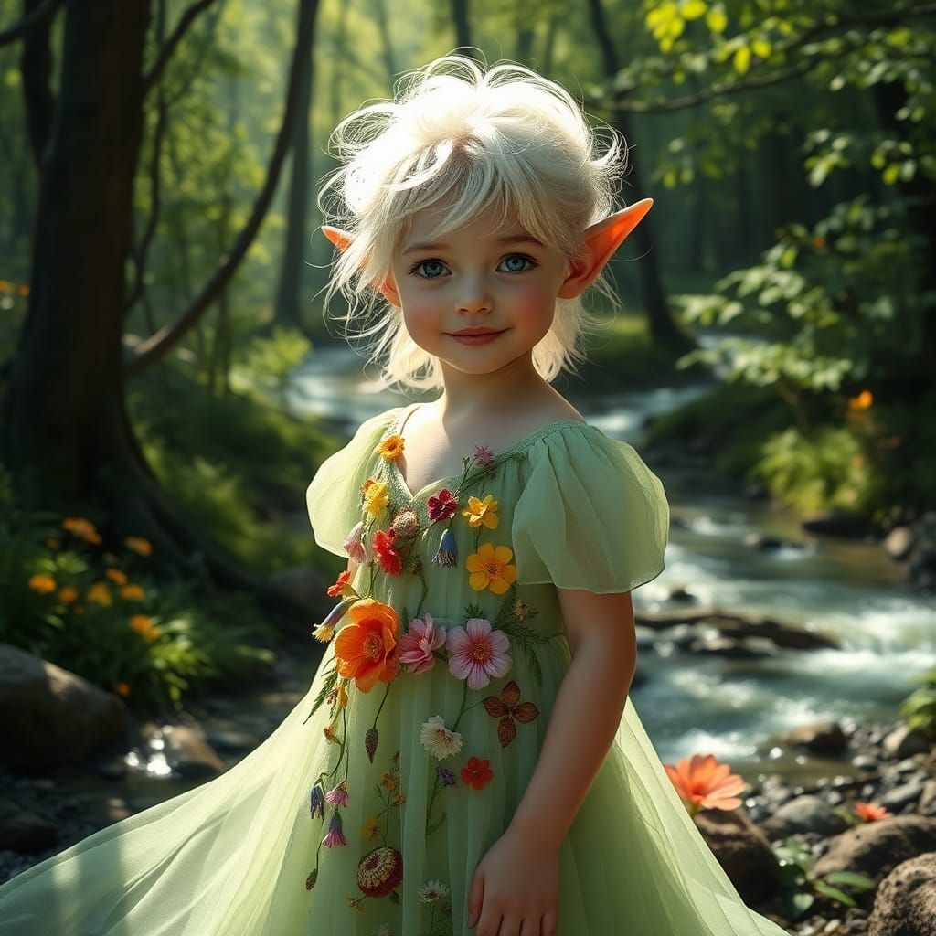Enchanted Elf Child in Forest, Matte Painting Style