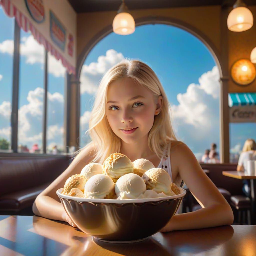 Girl with Ice Cream in a Sunny Parlor