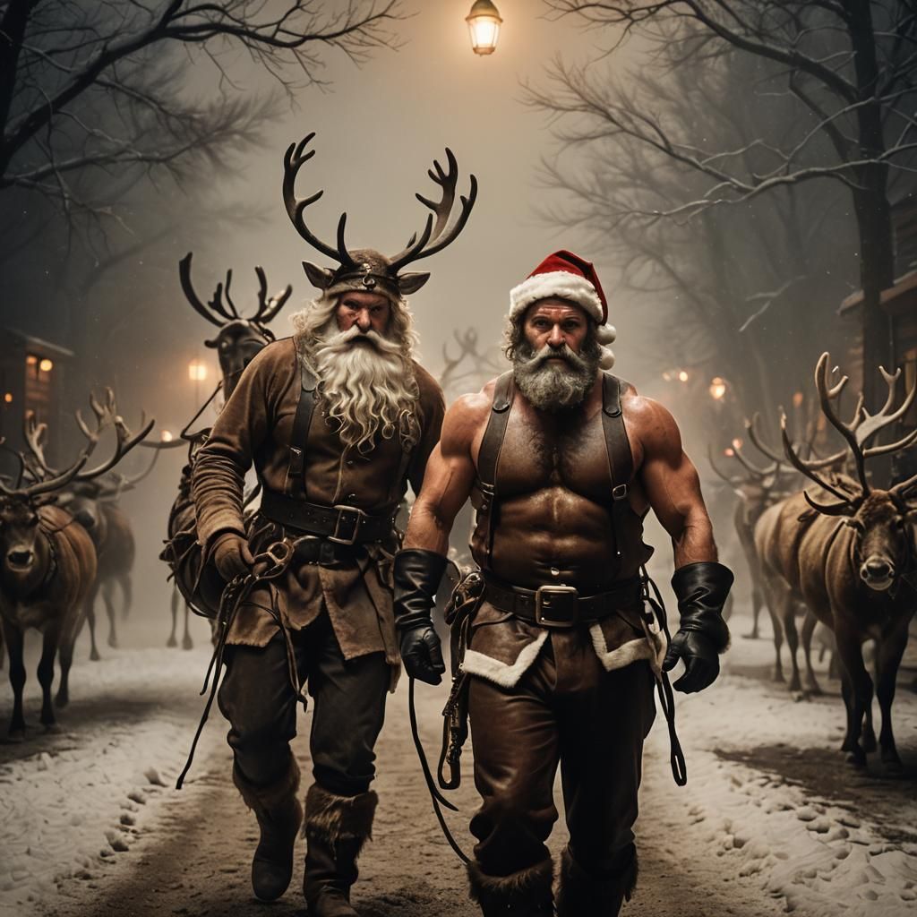 Muscular Santa with Reindeer in Film Noir Style