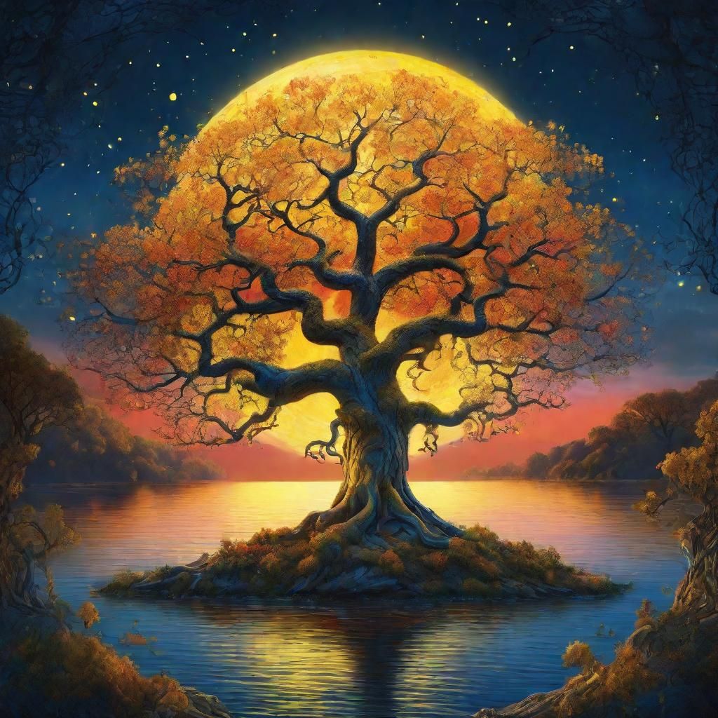 Tree of Life Under Yellow Moon: Rococo Fantasy Art