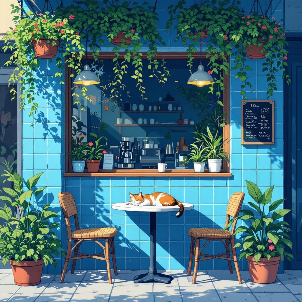 Cozy Coffee Shop Exterior with Blue Tiles and Plants