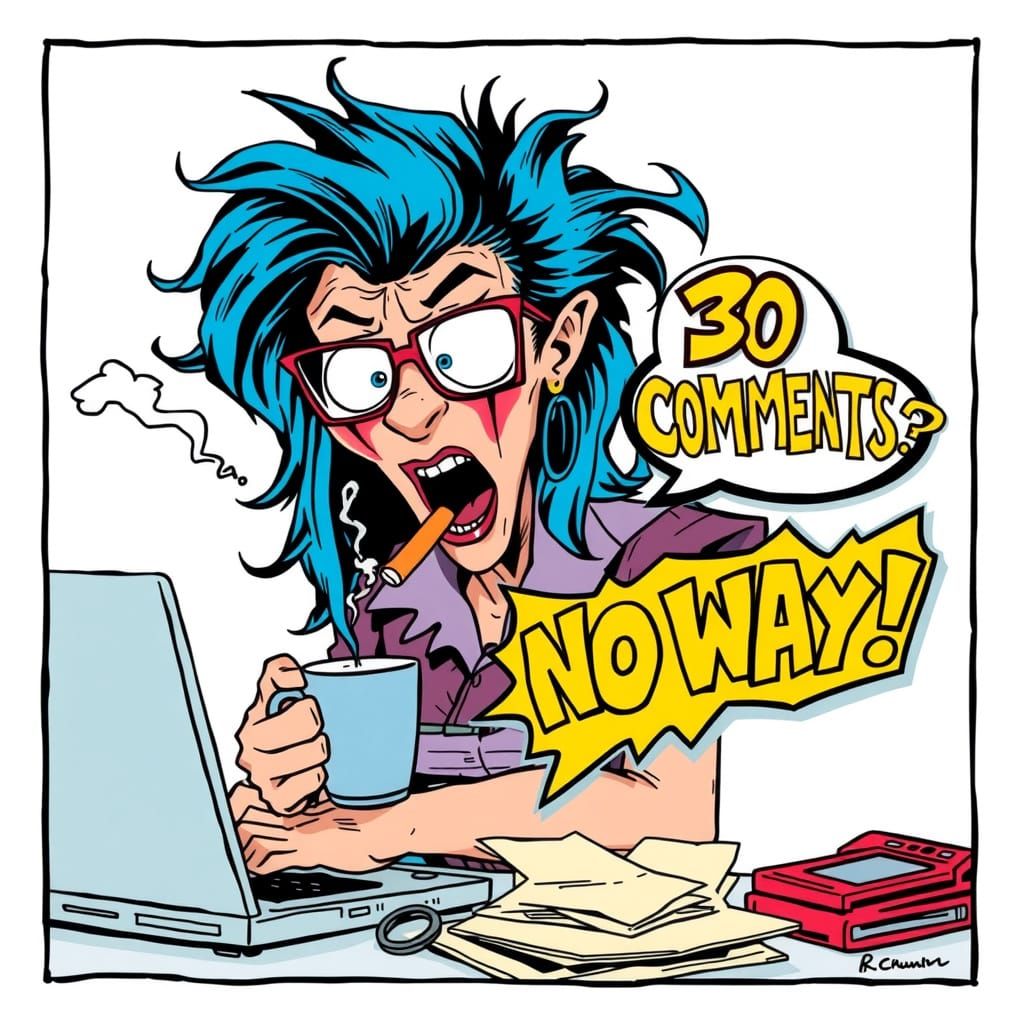 Surreal Cartoon Woman in R. Crumb Style Sits at Laptop, Shoc...