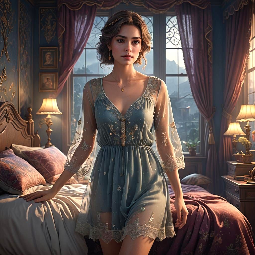 Pretty Lady in Bedroom: Detailed Matte Painting