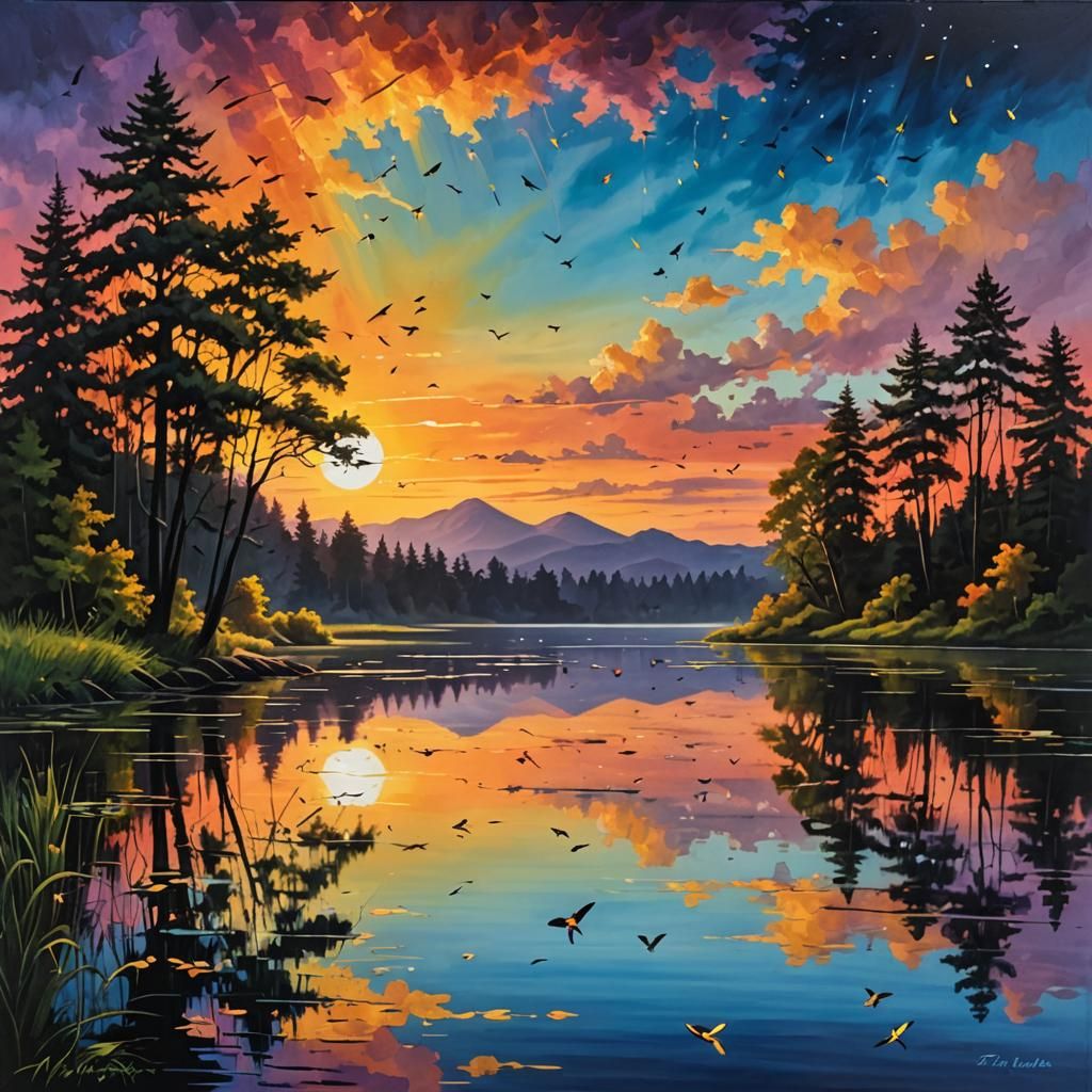 Sunset Over Lake with Fireflies in Flight