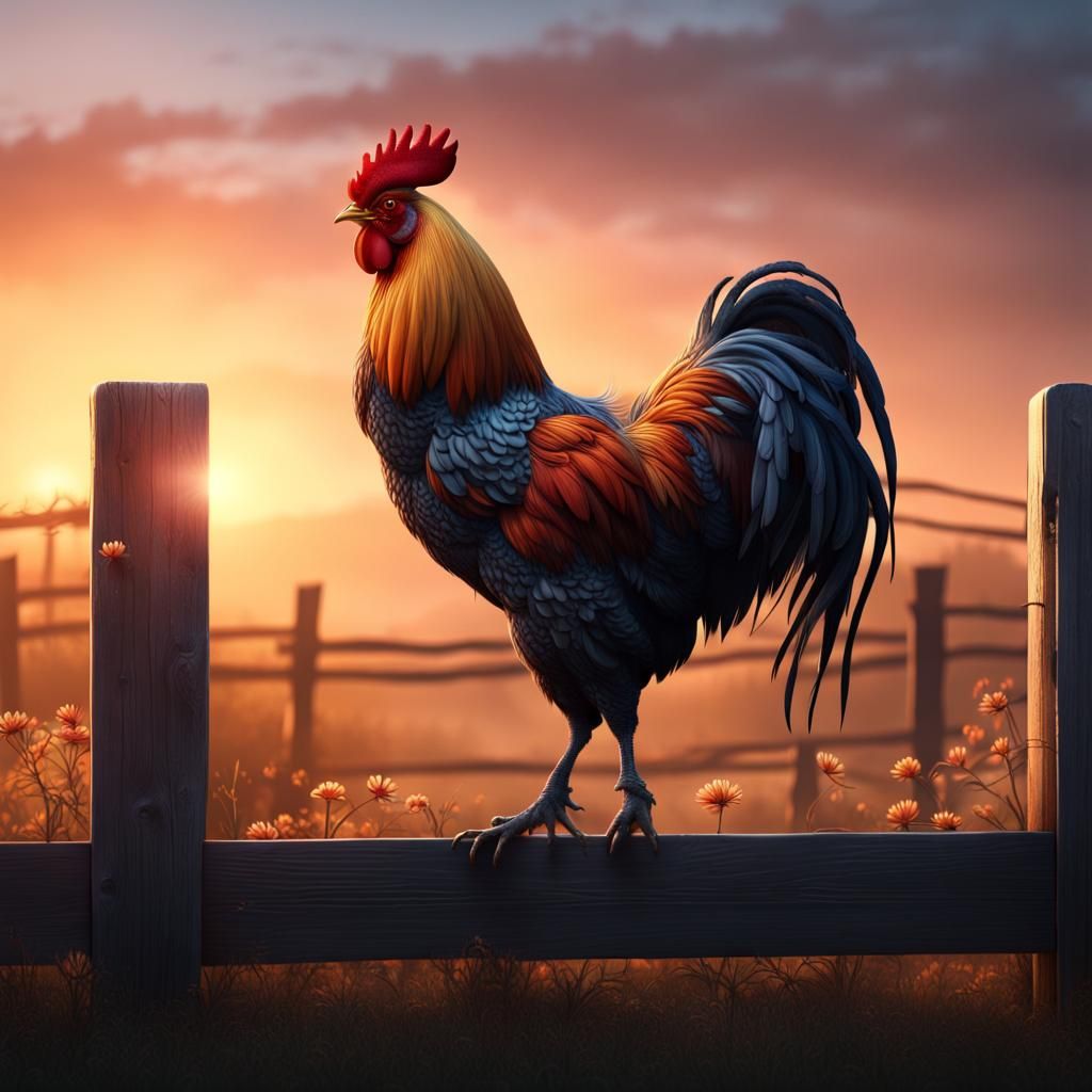 Rooster on Fence at Sunrise: Detailed Matte Painting