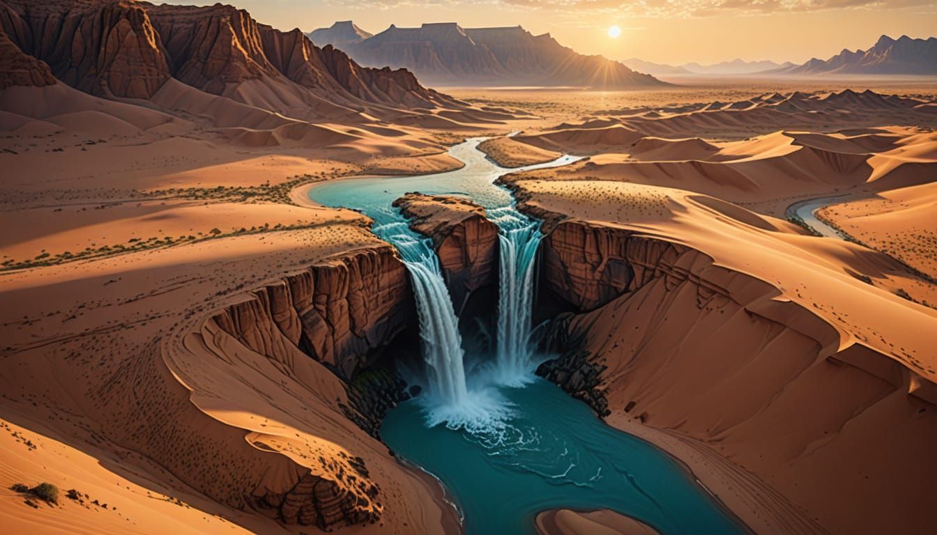Sahara Desert Oasis: Waterfall in Digital Art