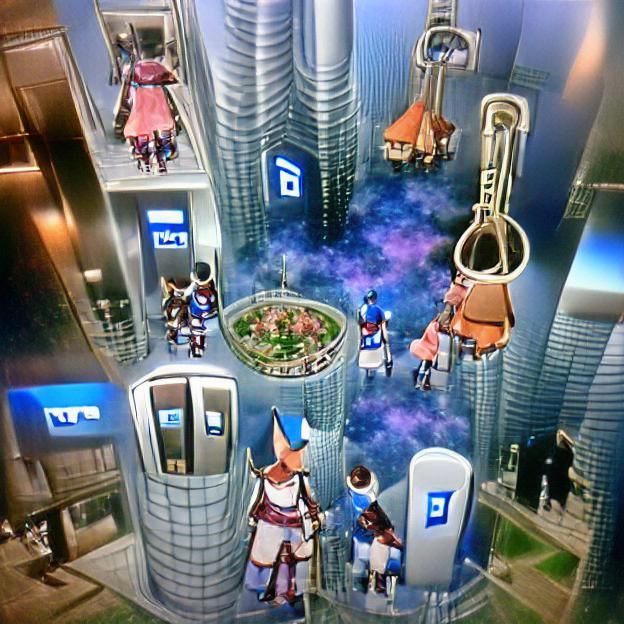 Futuristic JRPG City with Space Elevator Homes
