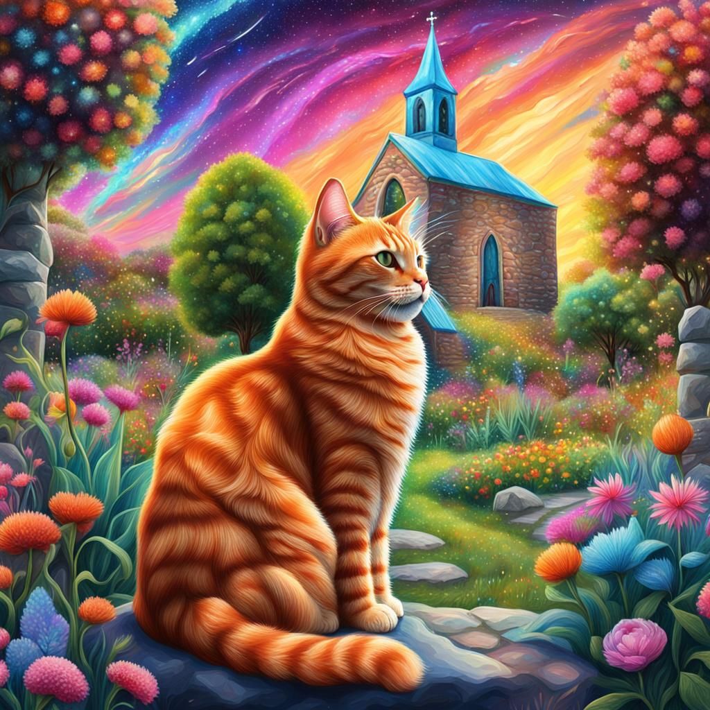 Ginger Cat in Colorful Garden, Astral Illustration