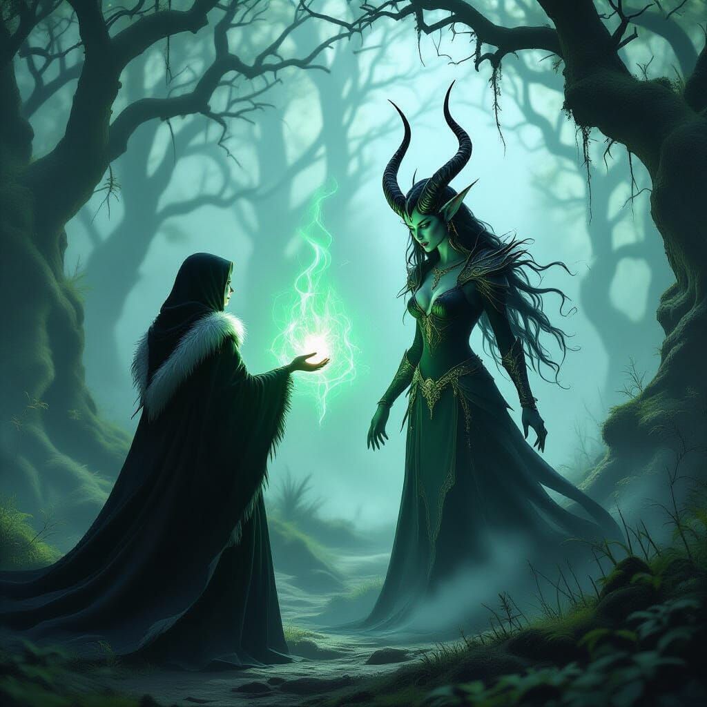 Dark Fantasy Sorceress Summons Elven Demon in Misty Forest