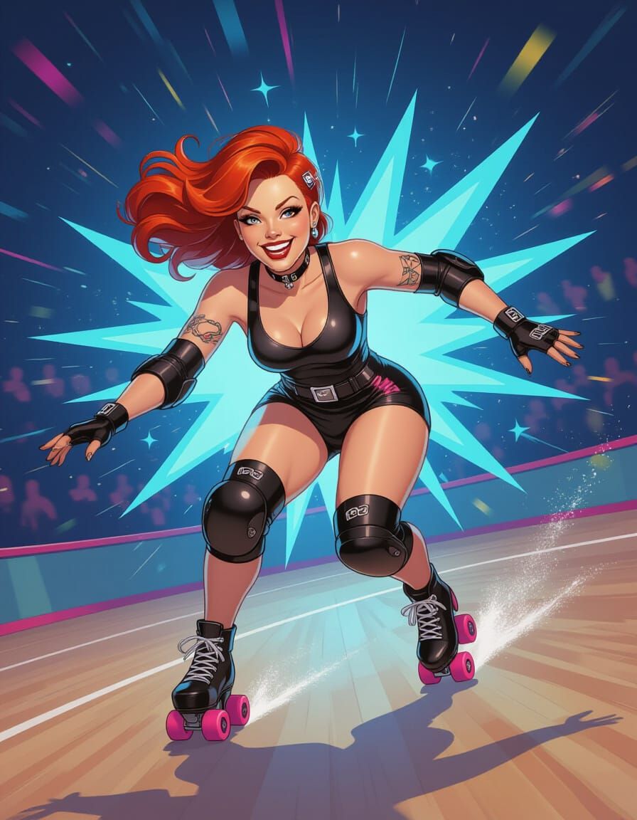 Redhead Roller Derby Girl in Holographic Illustration