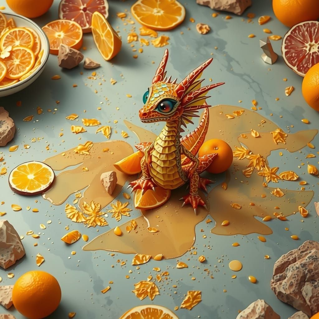 Whimsical Dragon Amidst Vibrant Oranges in Fantastical Reali...