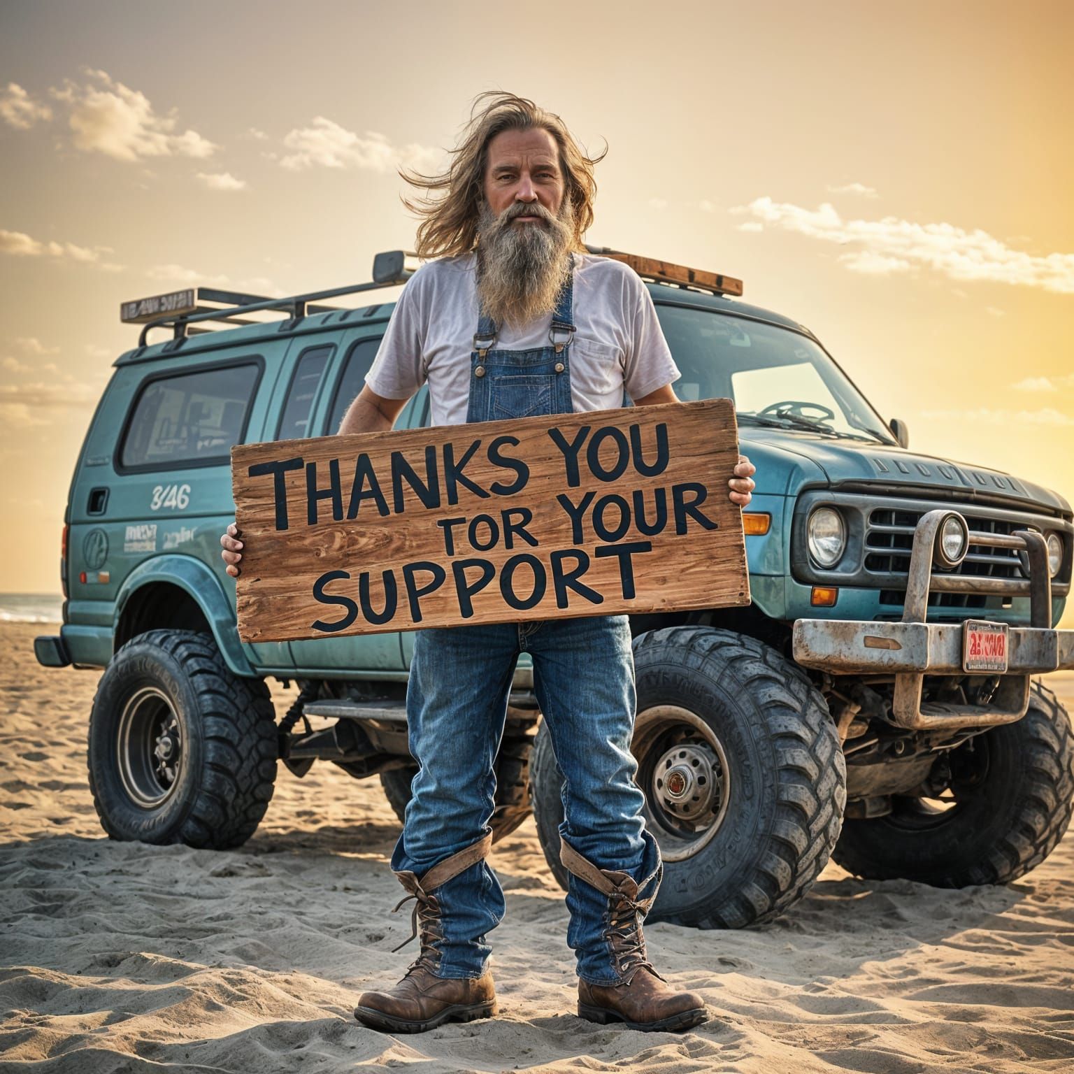 Bearded Beachcomber Expresses Gratitude with Vintage Van