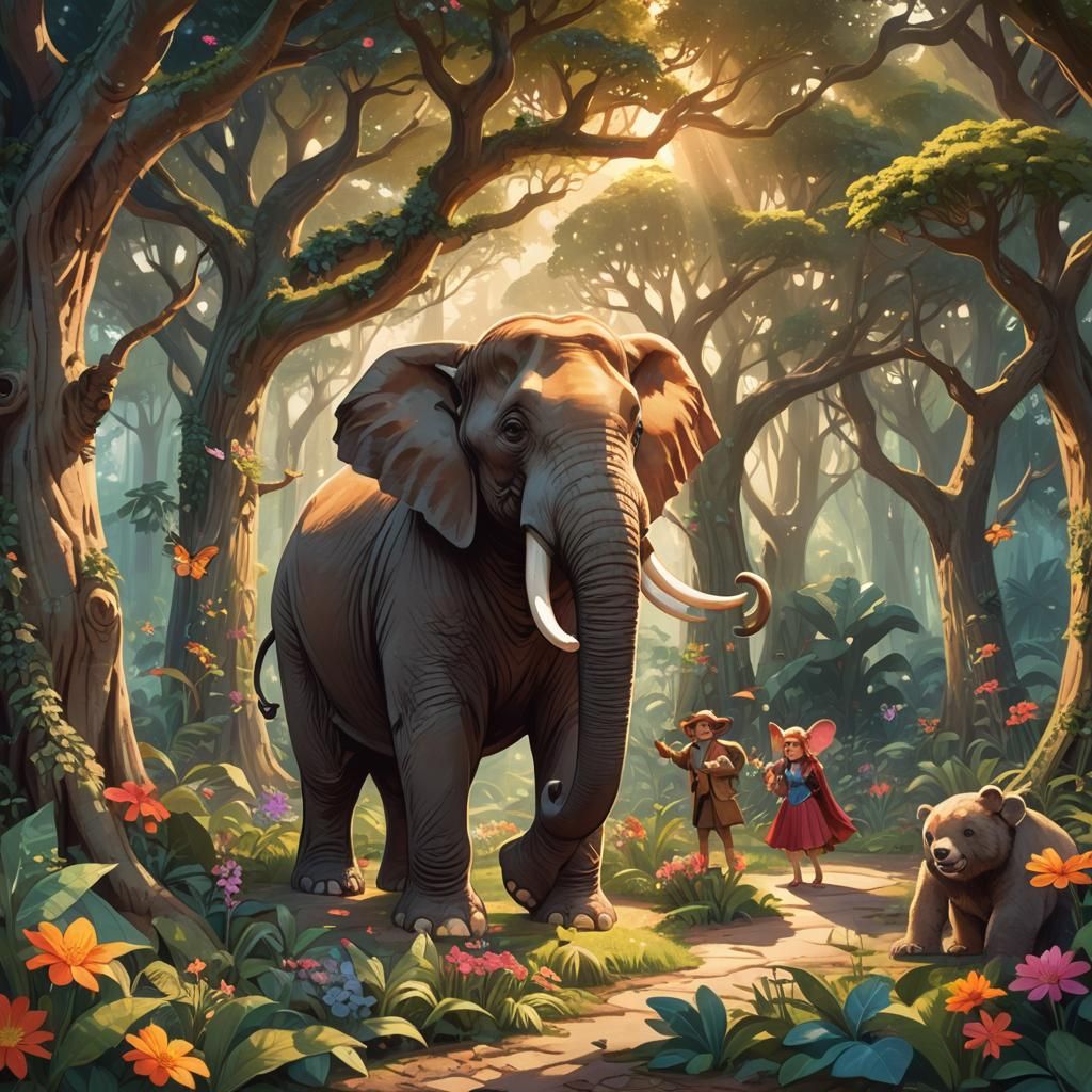 Enchanted Jungle Scene with Cheerful Elephant and Friends