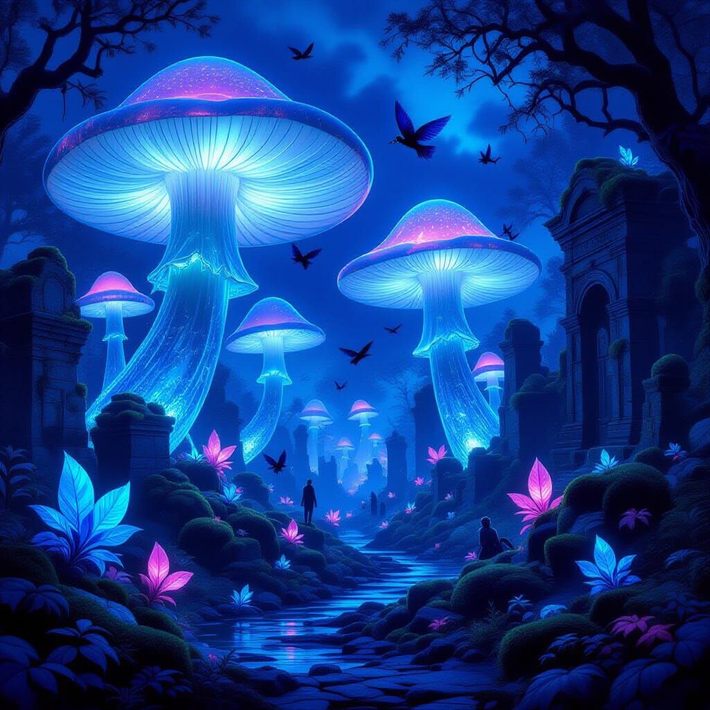 Bioluminescent Autumn Forest with Ethereal Creatures