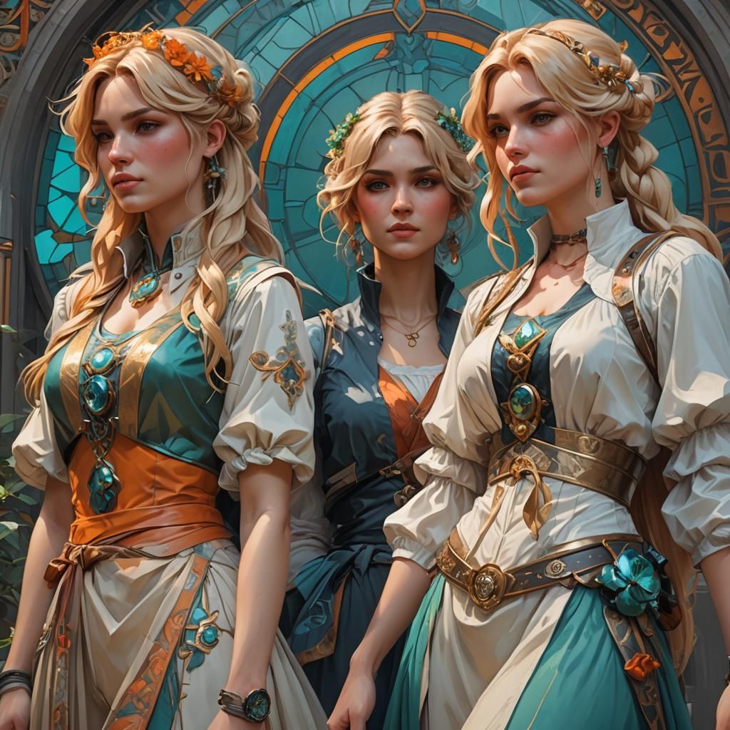 Three Girls in Dynamic Lighting, Art Nouveau Style