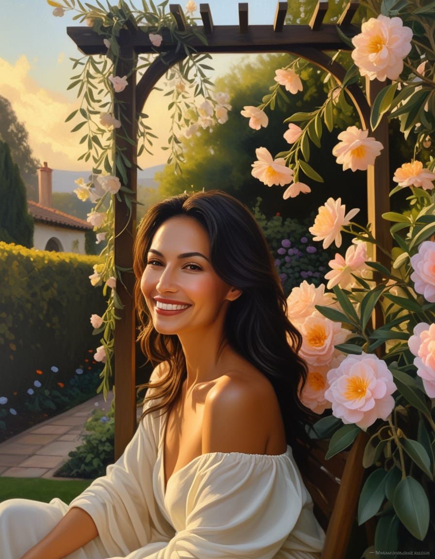 Woman in Garden Trellis as Oil Painting