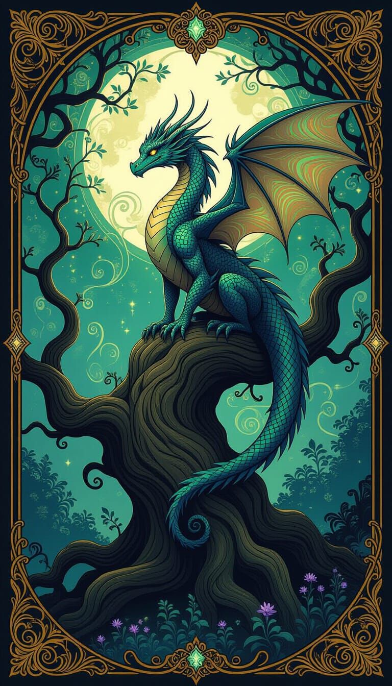 Mystical Dragon Perched in Ethereal Forest