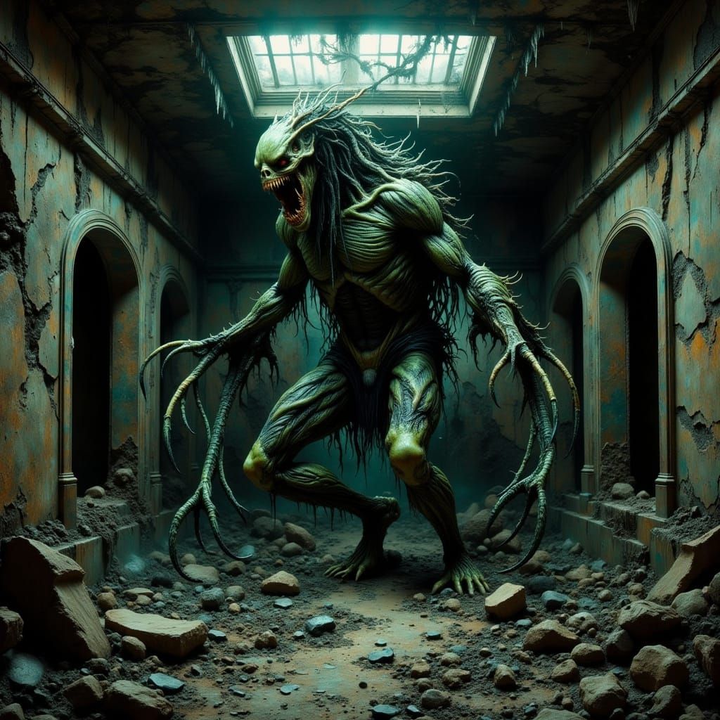 Biomechanical Nightmare Creatures in a Dystopian Abandoned B...