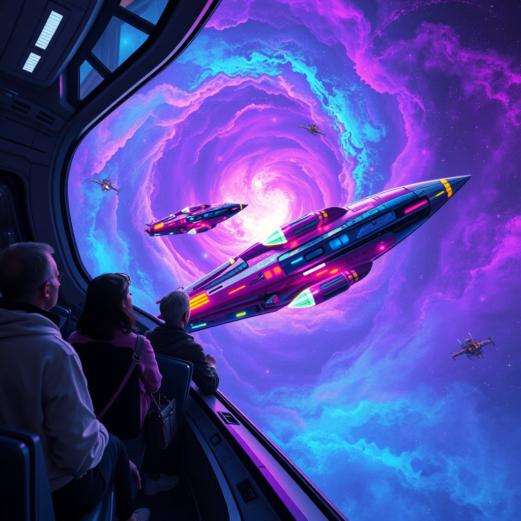 Iridescent Spaceships Soaring Through Nebula Vortex