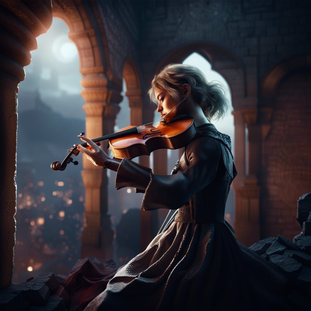 Dark Fantasy Violinist in Style of Alphonse Mucha